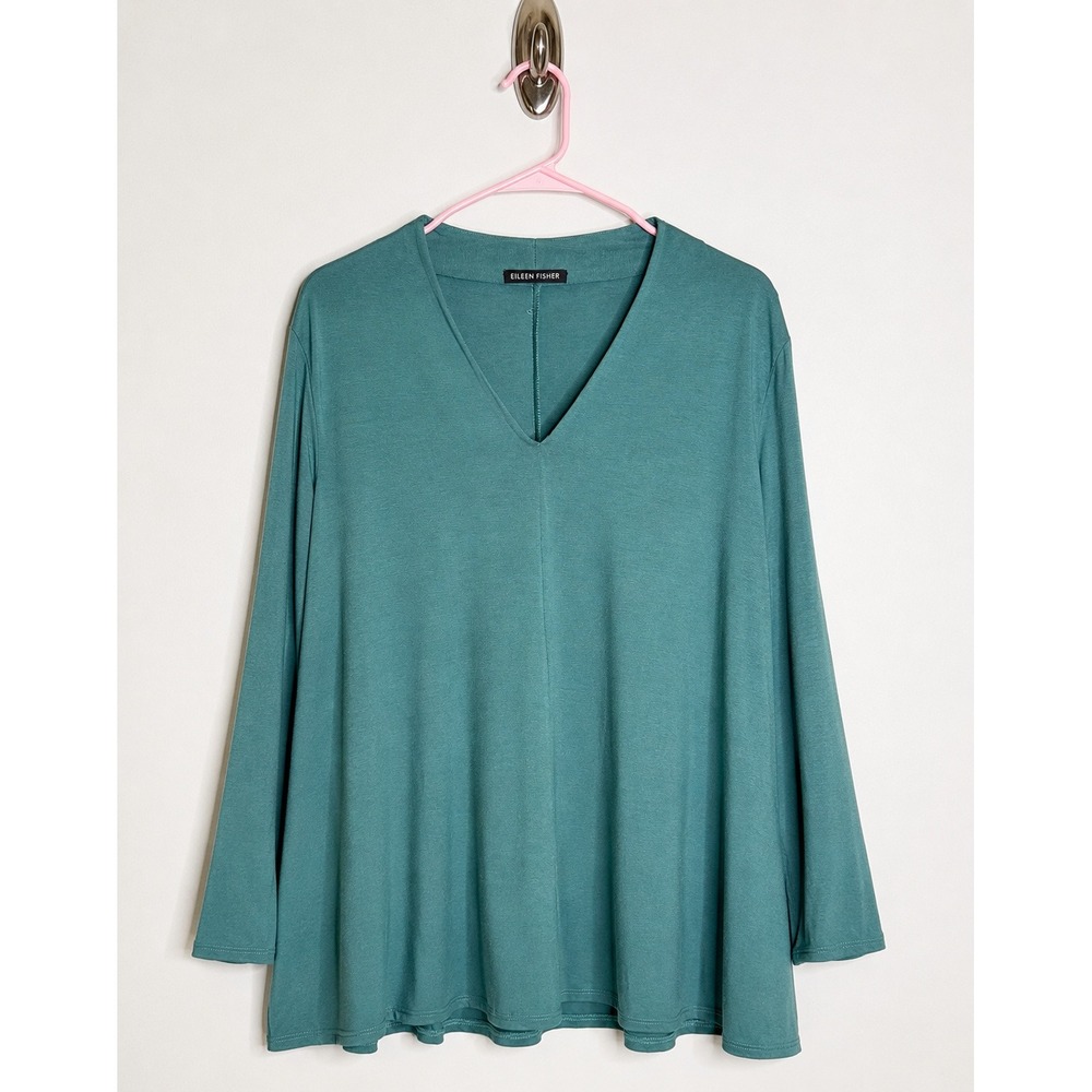 Eileen Fisher Teal V-Neck Swing Tunic Top XL Soft Stretch Knit